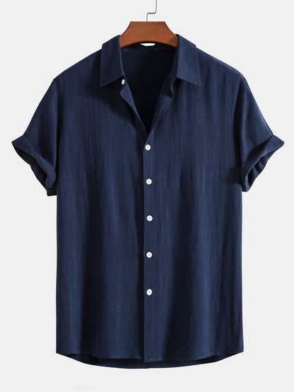 Linen Rayon Blend Button Up Shirt & Crinkled Textured Drawstring Shorts