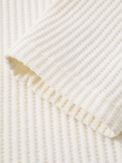 Long Sleeve Waffle Mock Neck T-Shirt & Drawstring Knitted Waffle Pants